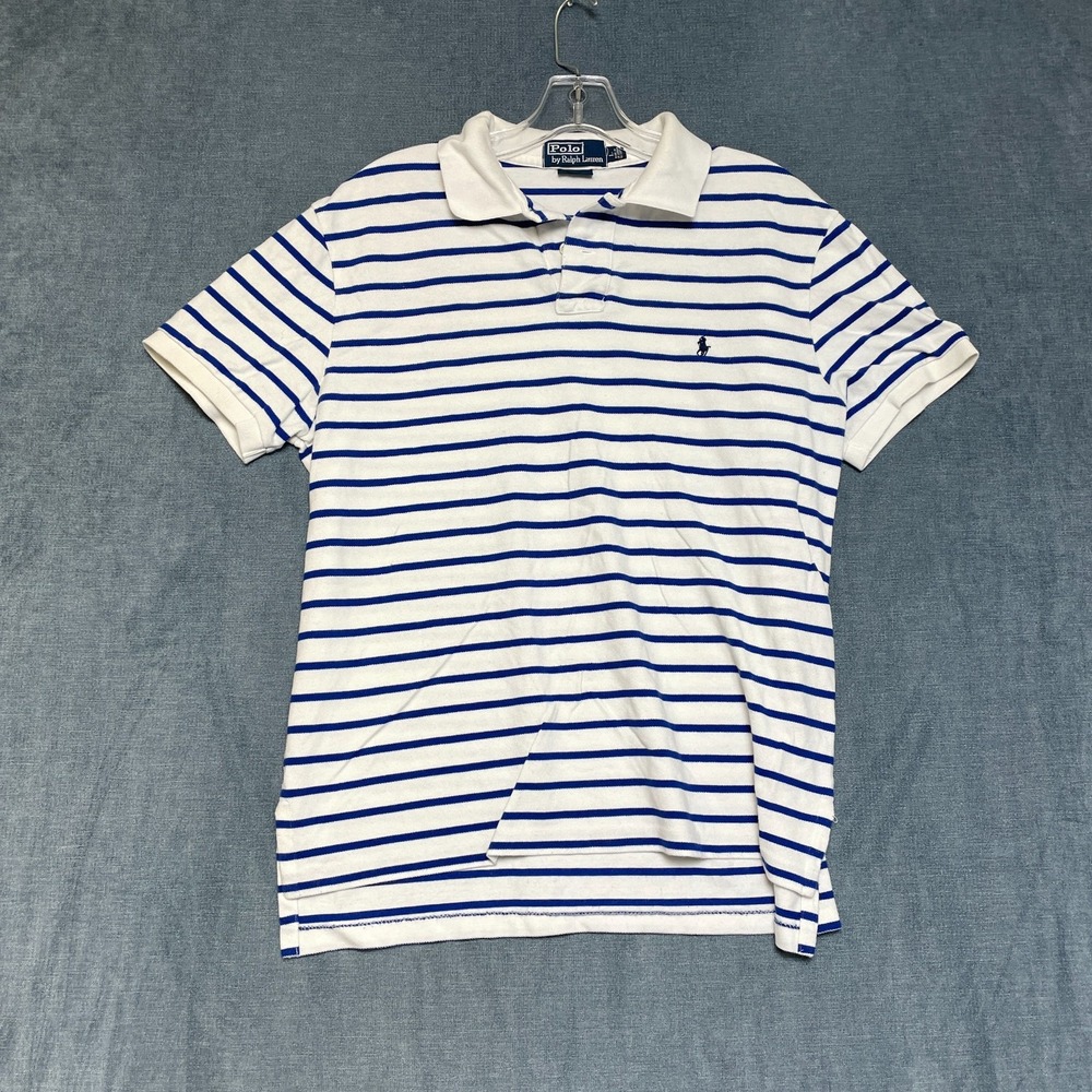 Polo Ralph Lauren Polo Shirt Men L White Blue Striped Performance High Low Hem